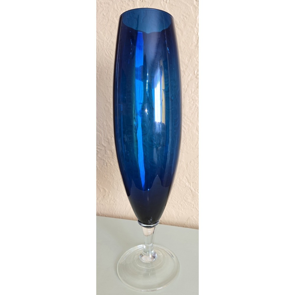 Vintage Empoli Italian Art Glass Blue Vertical Optic Design 17.5" Mid Century
